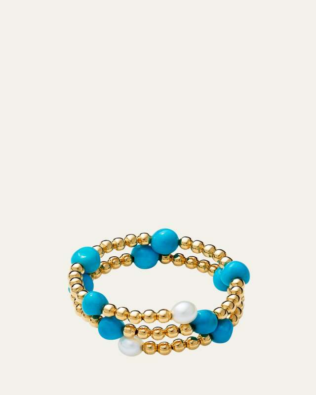 18K Yellow Gold San Mateo Multi Turquoise and Pearl Double Wrap Beaded Ring